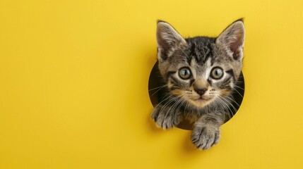 Adorable gray tabby kitten with big eyes on yellow background Cute cat emerges from hole on...