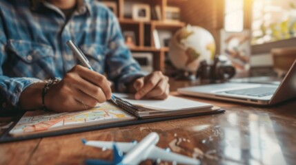 Fototapeta premium Close-up hand of a young man making travel planning, writing notes, and drawing a map in a notebook on a wooden table in a coffee shop, Travel, Trip vacation, Tourism concept.