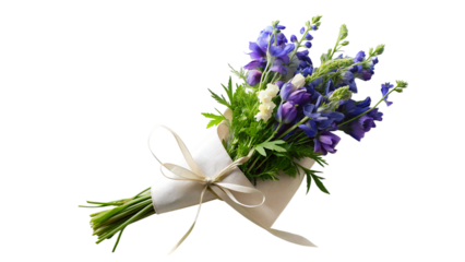 a lovely bouquet of monkshood flowers wrapped in paper and tied with a ribbon. The predominant color of the flowers is purple