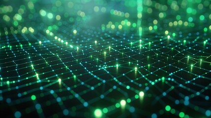 Abstract digital grid with glowing green dots and lines, representing data network or futuristic technology concept.