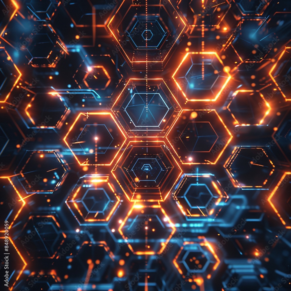 Aufkleber abstract digital hexagonal pattern with glowing neon lights in futuristic technology concept, perfec