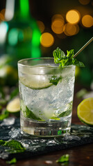 Gin and tonic cocktail in glass, refreshing alcohol drink