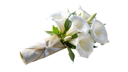 a beautiful bouquet of moonflower, elegantly wrapped in beige paper and adorned with a ribbon