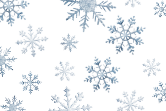 Snowflakes isolated on transparent background, out of focus, backdrop.