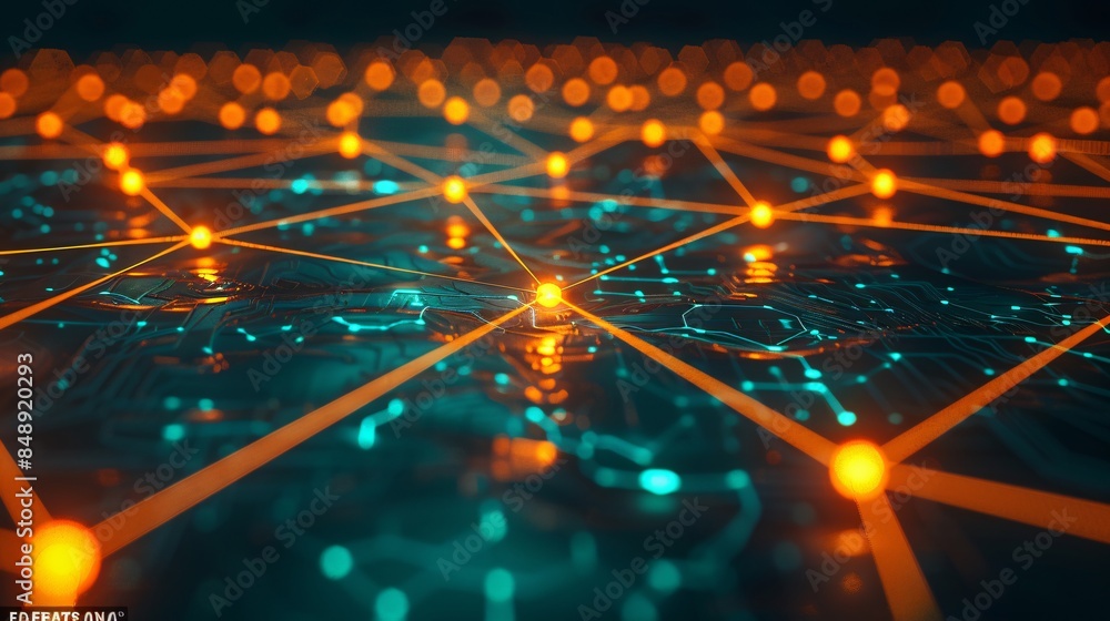 Poster abstract digital network, glowing nodes and connections representing data transfer, technology and c
