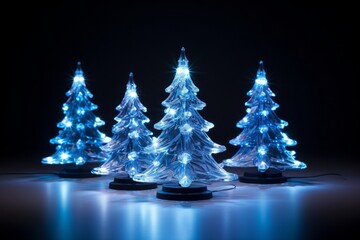 Christmas tree with shining light with particles falling snowflakes and stars 3d rendering blue background