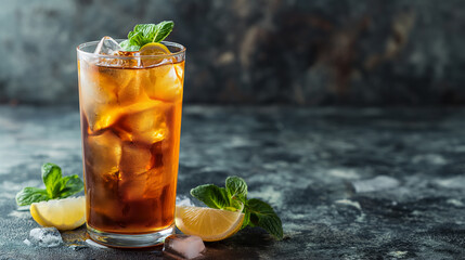 Long Island Iced tea cocktail in glass, refreshing alcohol drink