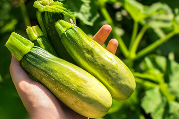 a hand holding two zucchini in the garden