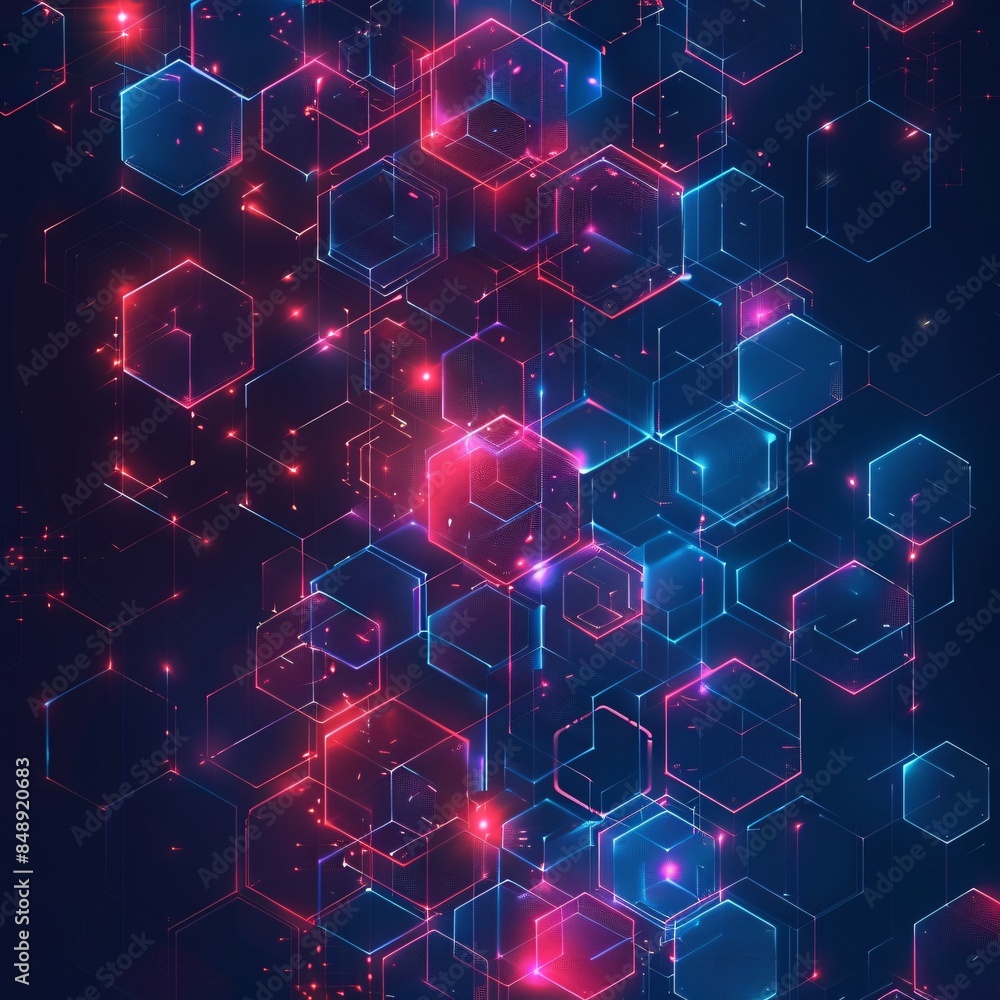 Poster abstract futuristic hexagonal pattern with glowing blue and red lights, representing technology and 