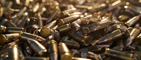 A close-up view of a pile of bullets, their glistening surfaces reflecting light, symbolizing both danger and the complexity of human conflict.