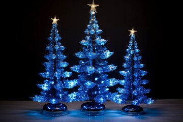 Christmas tree with shining light with particles falling snowflakes and stars 3d rendering blue background