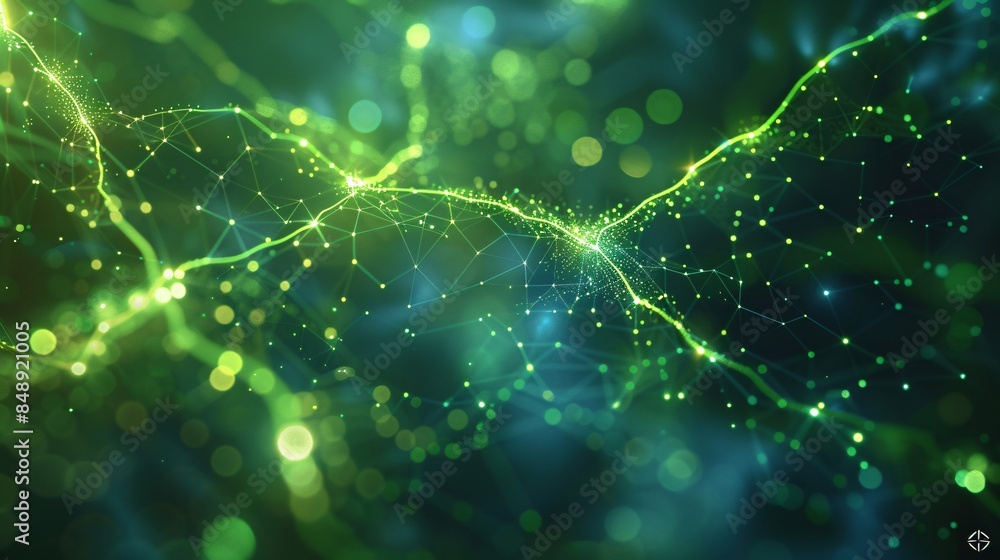 Poster abstract green and blue neural network illustration with glowing connections, representing futuristi