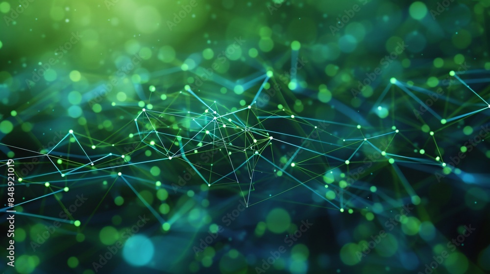 Poster abstract green and blue digital network of connected nodes and lines, representing data communicatio