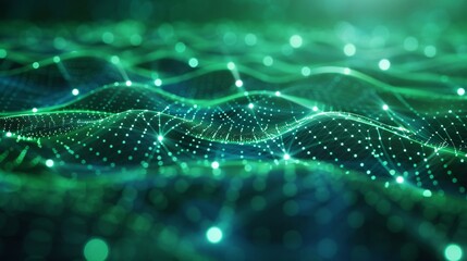 Abstract green wave of interconnected points and lines in a digital network. Futuristic data visualization of a communication or technology grid.