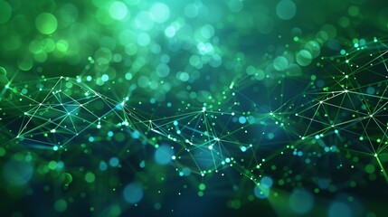 Obraz premium Abstract green technology network background with glowing dots and lines, representing data and connectivity in a digital landscape.
