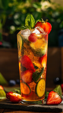 Pimms Cup cocktail in glass, refreshing colorful alcohol drink