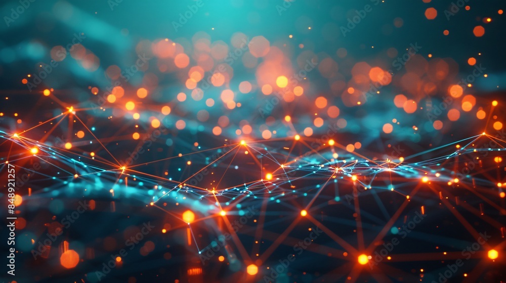 Poster abstract representation of a glowing digital network with interconnected nodes and vibrant colors, p