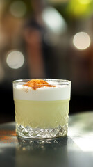 Pisco Sour cocktail in glass, refreshing colorful alcohol drink