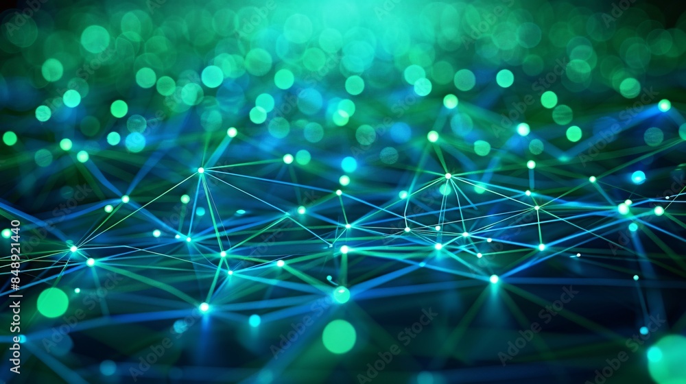 Poster colorful abstract network background with glowing green and blue nodes and lines, representing digit