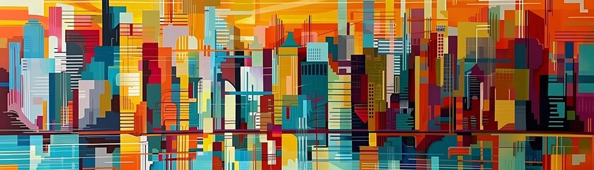 a colorful cityscape featuring a towering skyscraper, a bustling street with colorful buildings, and a bustling river flowing through the center