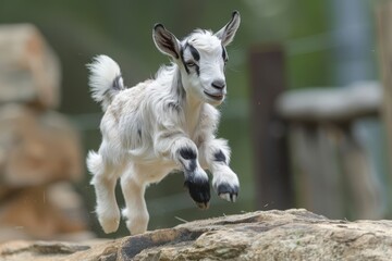 Obraz premium Baby Goat: A playful baby goat, or kid, jumping off a small rock in a rural farm setting. 