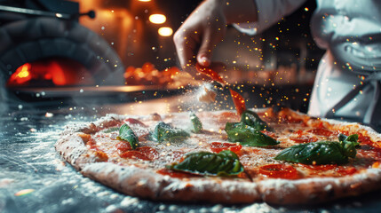 Italian pizza being made by a chef in an elegant restaurant kitchen with a pizza oven in the...