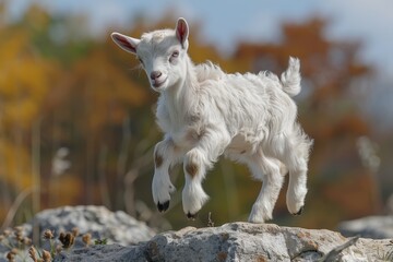 Fototapeta premium Baby Goat: A playful baby goat, or kid, jumping off a small rock in a rural farm setting. 