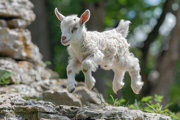 Fototapeta premium Baby Goat: A playful baby goat, or kid, jumping off a small rock in a rural farm setting. 