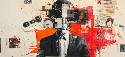 A photo of a man wearing a suit with a camera covering his face The background is a collage of newspaper clippings. AIGZ01