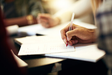 Writing, notes and hands of person in library for university education, scholarship course or...