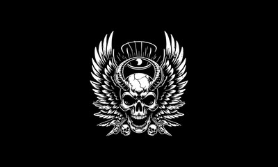 Skull head with spread wings vector, motor club logo, 