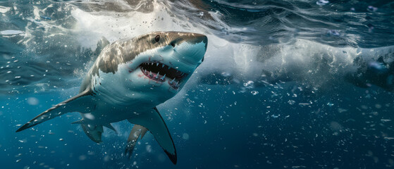 Fototapeta premium A great white shark underwater, mouth open, displaying its sharp teeth and powerful presence as it swims near the ocean surface.