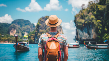Obraz premium Back view of a tourist man with backpack at beautiful island