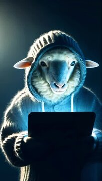 Sheep Wearing A Hoodie Uses A Tablet In The Dark