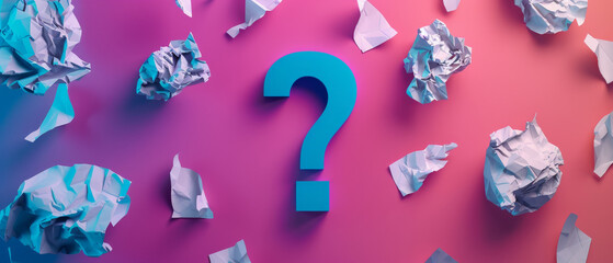 A large blue question mark stands out amidst a sea of crumpled paper against a vibrant pink and blue gradient background, symbolizing confusion and brainstorming.