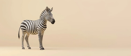 A solitary zebra stands in a relaxed pose against a beige background, highlighting the striking contrast of its black and white stripes in a minimalist setting.