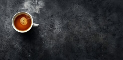 A steaming cup of coffee on a dark background, inviting warmth and comfort