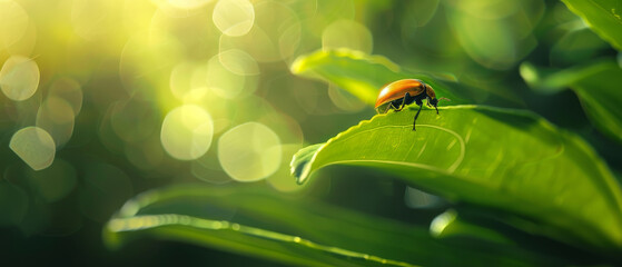 Naklejka premium A beetle perches on the edge of a leaf illuminated by soft sunlight, with a blurred, sparkling bokeh background, emphasizing the calmness of nature.