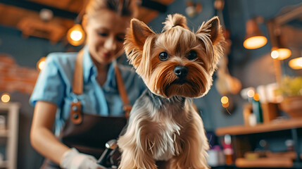 Yorkshire Terrier on grooming table with attentive expression
