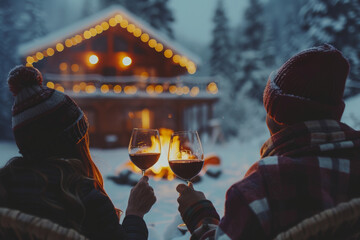 A couple clinking glasses of red wine in front of the fireplace outside their cozy cabin, surrounded by snowcovered trees. The scene is captured from behind with warm lighting and romantic ambiance.