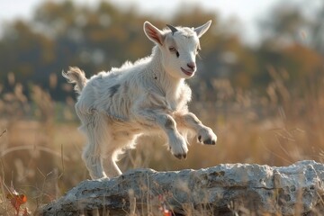 Obraz premium Baby Goat: A playful baby goat, or kid, jumping off a small rock in a rural farm setting. 