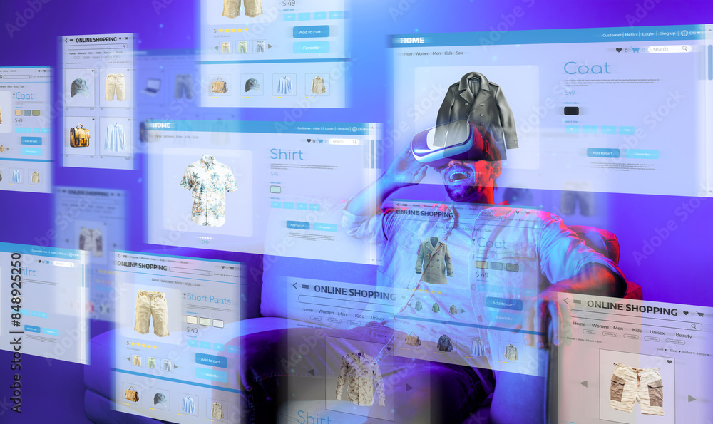 Poster caucasian man choosing and selecting product for shopping list while wearing visual reality goggles.