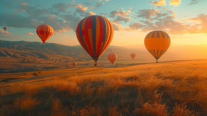 Obraz premium Colourful balloons soaring at dawn near a serene mountainous landscape