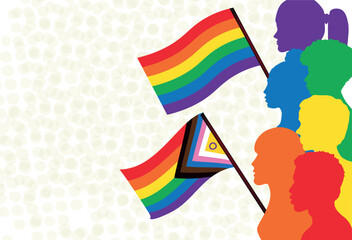 People raising waving Intersex Progress Pride flag and New LGBTQ Pride Flag. New  Updated Intersex Inclusive Progress Pride Flag. Banner Flag for LGBT, LGBTQ or LGBTQIA plus Pride 