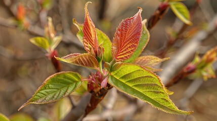 Close up photograph of young cherry tree leaves in budding phase