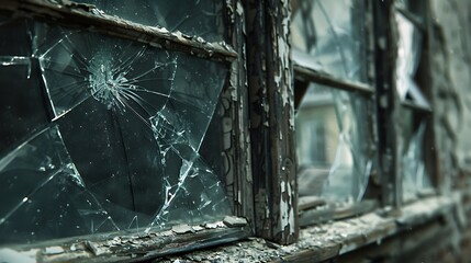 Detailed view of a broken window, sharp edges and splintered glass, the scene framed by weathered window frames