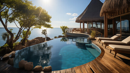 Fototapeta premium Stunning overwater villa with terrace views, sun beds, and chairs under an umbrella. Luxurious hotel pool with breathtaking ocean views, a serene spa and wellness center, a tranquil vacation resort.
