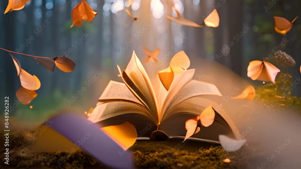 Aufkleber open book with butterflies in a forest generative ai