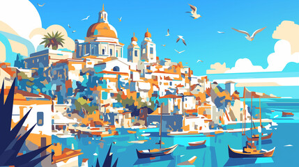 Obraz premium View of the cityscape with cathedral and seashore. Traveling, trip, journey, adventure concept.