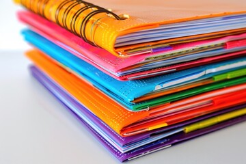 Notebooks Stack. Ring Binder Writing Books Arranged in Colorful Closeup on White Background